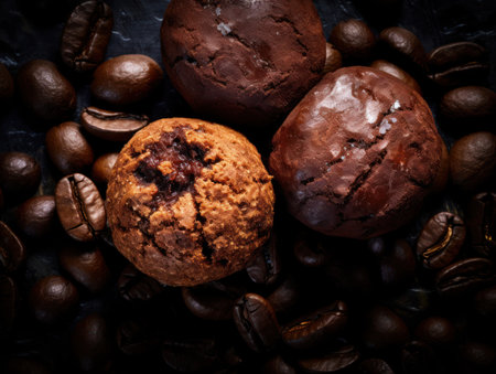 This image showcases a selection of freshly baked muffins alongside scattered coffee beans, arranged on a dark surface. The composition emphasizes texture and depth with visible light and shadow details. The scene suggests a cozy atmosphere ideal for culinary or editorial projects, promoting gourmet or coffee-related themes. The high angle shot provides a detailed view.の素材