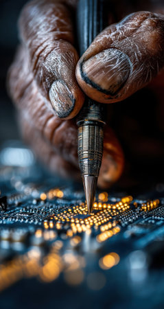 An aged hand meticulously works on a circuit board, soldering components with a focused touch. The image showcases the intricate details of electronic components and a shallow depth of field. Warm lighting highlights the process, suggesting technical skill and precision suitable for various commercial applications.の素材