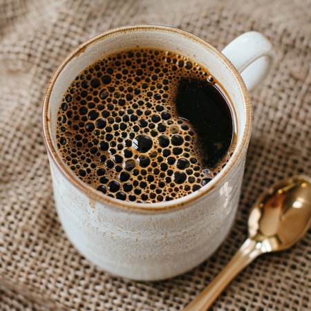 This overhead shot displays a mug filled with coffee, showcasing a close-up perspective. The drink's surface is covered with bubbles, and the off-white mug contrasts with the darker liquid. The composition includes a golden spoon on a textured, neutral-toned surface, suggestive of a cozy indoor setting. Suitable for various editorial and commercial applications.の素材