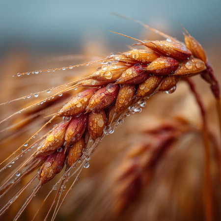 A detailed image of a wheat ear showcases its golden hues with sparkling water droplets. The composition uses shallow depth of field, bringing the wheat ear into sharp focus. The lighting suggests an outdoor setting, potentially a field. This image could be used for agricultural, food-related, or natural themes.の素材