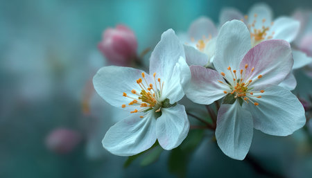 This image showcases a close-up of delicate white blossoms. The flowers display soft textures with yellow centers. The composition includes blurred elements and a cool color palette. This image may be suitable for a variety of projects, potentially for use in designs or editorial content.の素材