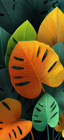 This image showcases a collection of vibrant tropical leaves in various shades of green, yellow, and orange. The composition highlights the intricate details and textures of the foliage. The bright colors contrast against a darker background. This design could be used for various purposes, including print or digital design.の素材