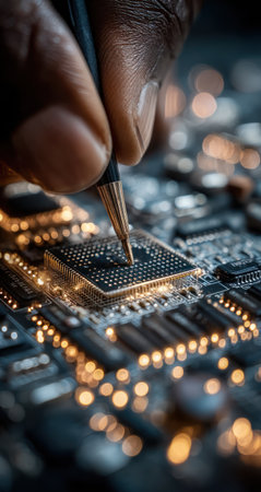 A close-up captures a hand using a tool to work on a central processing unit (CPU) within a computer circuit board. The image displays a shallow depth of field, focusing on the CPU with blurred lights. Suitable for technology, electronics, and digital concepts.の素材