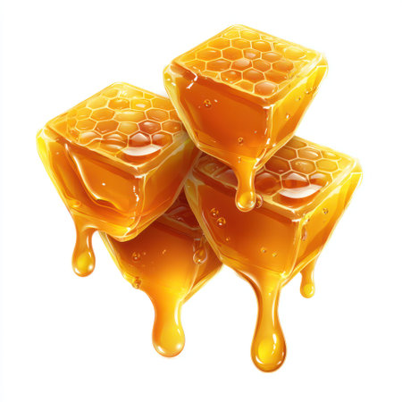 This image showcases four golden honeycomb cubes, each exuding a stream of thick, viscous honey. The composition, set against a pristine white background, offers a high-angle view with the cubes artfully arranged. The warm, inviting colors and textures suggest commercial applications for food-related projects or visual content.の素材