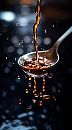 A close-up captures dark liquid pouring into a metallic spoon. Water droplets are suspended in the air. The composition emphasizes the fluid motion and textures of the beverage. The dark background and lighting create a dramatic effect. Suitable for culinary, advertising, and editorial applications.の素材