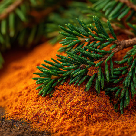 This close-up image showcases vibrant green fir branches resting on a bed of orange powder. The composition features a shallow depth of field, highlighting the texture and detail. The colors are rich and saturated, suggesting a natural and possibly seasonal setting. Suitable for various design projects and commercial applications.の素材
