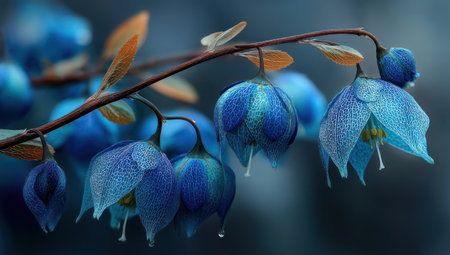 This image showcases a close-up of vibrant blue flowers with brown stems. The composition highlights intricate details and textures, set against a blurred background. The soft focus effect adds depth and a dreamy quality to the scene. Suitable for various design applications, including print and digital content.の素材