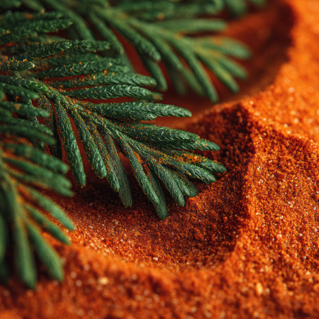 An evergreen branch with needle-like leaves rests on a textured orange surface. The macro composition emphasizes the contrast between the green foliage and the earthy orange tones. The lighting highlights the surface texture. Suitable for various design projects, this image can be used for both commercial and editorial purposes.の素材