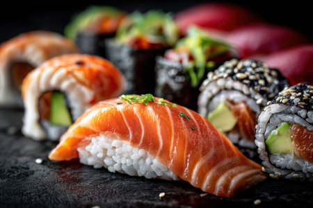 This image showcases an assortment of sushi rolls, featuring salmon, avocado, and various ingredients. The rolls are arranged on a dark surface, with a shallow depth of field, emphasizing the textures and colors of the food. The close-up perspective and rich colors suggest a culinary presentation suitable for editorial or promotional purposes.の素材