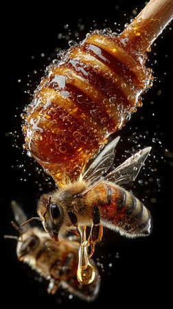A detailed close-up shows honey dripping from a wooden dipper onto a bee in flight. The image features warm amber hues contrasted against a dark background. The composition highlights the texture and viscosity of the honey. Suitable for various food-related projects and commercial use.の素材