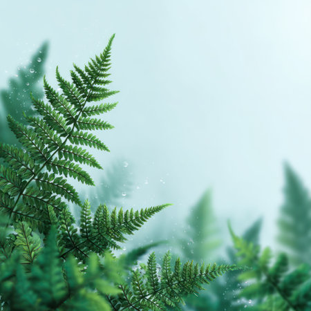The image features close-up detail of vibrant green fern leaves, the foreground in sharp focus. The leaves' intricate textures contrast with a soft, blurred background, suggesting a humid or misty environment. The composition conveys a sense of natural beauty suitable for nature-themed projects, print media, or digital applications.の素材