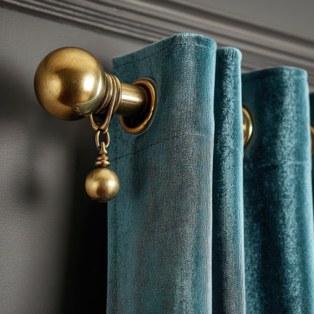 This image showcases teal velvet curtains suspended from a decorative golden rod. The composition focuses on texture and detail, highlighting the soft velvet and gleaming metal. The lighting suggests an interior setting, possibly a living room or bedroom. Suitable for home decor projects, textile designs, and lifestyle publications.の素材