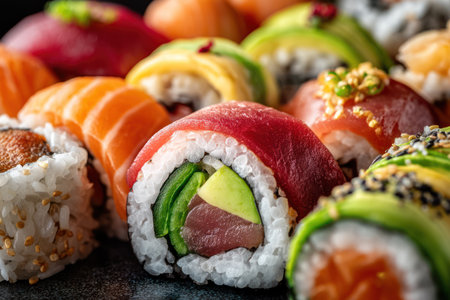 An assortment of colorful sushi rolls arranged closely. The image showcases rolls with diverse ingredients. The composition features vivid colors, textures, and a detailed close-up. The lighting appears natural. Suitable for use in food-related publications, culinary websites, or advertising purposes.の素材