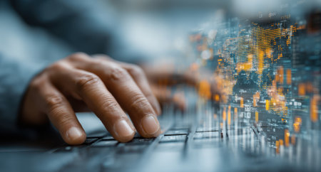 A close-up shot captures hands interacting with a laptop keyboard, suggesting work or communication. The image features a digital overlay with graphical elements, possibly related to data or networks. The color palette emphasizes blues and grays, with soft lighting enhancing the technological theme, suitable for business or technology-related articles.の素材