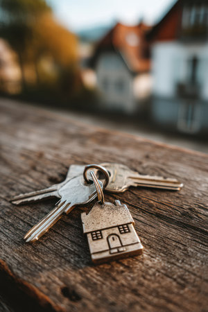 A close-up shot presents a set of keys resting on a textured wooden surface. The keys, attached to a house-shaped charm, are in focus against a blurred background. The composition features warm tones and a shallow depth of field, suggesting a focus on details. This image is suitable for various commercial purposes.の素材
