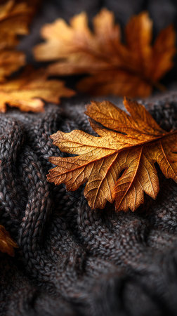 This image showcases detailed autumn leaves, displaying rich golden and brown hues. The leaves are positioned on a textured gray fabric, which creates a contrasting visual effect. The composition suggests an indoor setting, possibly ideal for seasonal themes, decorative design, or various commercial uses requiring fall aesthetics.の素材