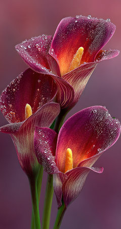 The image captures a close-up view of calla lilies, displaying vibrant purple and orange hues. Delicate water droplets adorn the petals, enhancing the texture and freshness. The composition is set against a soft, blurred background, suggesting an indoor environment. This image could be utilized for various commercial and editorial purposes.の素材