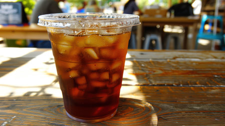 An iced beverage sits in a clear plastic cup, resting on a wooden surface. The liquid has a dark amber hue, and the cup is filled with ice cubes. The composition highlights the textures and colors of the drink. The scene suggests an outdoor setting, likely a cafe or restaurant, suitable for various editorial or commercial purposes.の素材