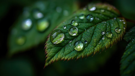 This image showcases a detailed view of a green leaf covered in glistening water droplets. The composition focuses on texture and form. The lighting creates a sense of depth. Suitable for various projects including illustrative or educational materials; can be used for design or advertising purposes.の素材