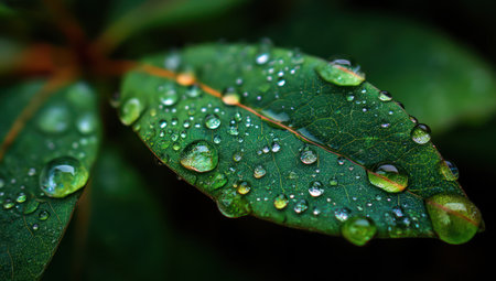 This image presents a close-up of a vibrant green leaf, covered with numerous water droplets. The leaf's intricate texture contrasts with the smooth, reflective surface of the water. Soft lighting enhances the details, suggesting an outdoor environment. This visual is suitable for various commercial uses, including illustrations and backgrounds.の素材