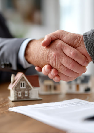 This image depicts a close-up of a handshake between two individuals. The scene includes miniature houses and a document on a wooden table. The lighting appears soft and diffused. This image might be suitable for illustrating concepts of real estate, business transactions, or agreements in various commercial applications.の素材