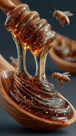 A close-up captures thick, glistening honey cascading from a wooden spoon. The honey's warm, golden hue contrasts with the dark background. Two bees fly nearby, enhancing the natural theme. This image is suitable for various commercial purposes, including culinary, health, and wellness content.の素材