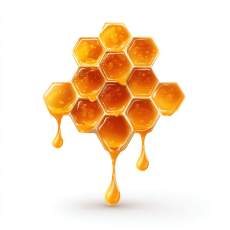 A detailed image captures a honeycomb with dripping honey, showcasing a warm golden color and a glossy texture. The composition, set against a stark white backdrop, emphasizes the hexagonal cells and flowing liquid. This visual could be utilized for various commercial purposes, including advertising, food packaging, or illustrating natural themes.の素材