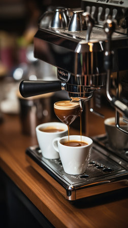 An espresso machine dispenses freshly brewed coffee into two white cups, with additional cups in the background. The machine has a shiny metallic surface. The setting appears to be an indoor environment. The image uses shallow depth of field, emphasizing the coffee. This image is suitable for various commercial uses.の素材