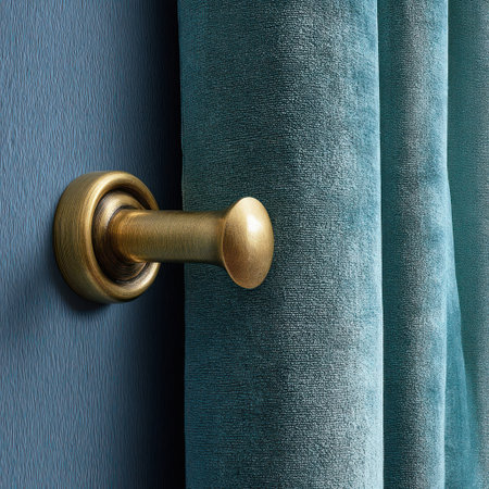 A close-up view presents a brass-colored hook holding a turquoise drape against a deep blue wall. The composition highlights textures and colors, with the fabric showing subtle gradients. It suggests an interior setting with natural or artificial lighting. Suitable for articles related to home decor or design elements.の素材