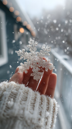 A close-up shot captures a hand adorned with a white sweater, delicately holding a radiant snowflake. The snowflake glistens against a backdrop of falling snow. The image showcases soft textures and a focus on the cold environment. Suitable for editorial and commercial applications related to winter themes.の素材