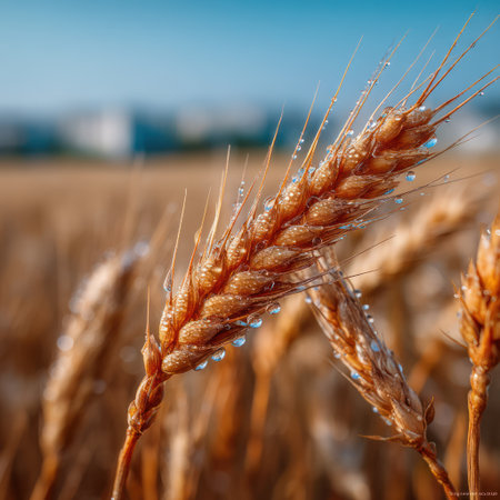 This image showcases detailed wheat stalks glistening with water droplets. The composition features a shallow depth of field, emphasizing the texture and color of the grain. The background is softly blurred, possibly depicting a field under sunlight. This image could be used for agricultural, food-related, or nature-themed projects.の素材