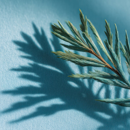 A close-up captures a plant branch featuring needle-like leaves, set against a soft, textured blue backdrop. Strong sunlight casts a distinct shadow, enhancing the visual interest. The composition focuses on natural elements, suitable for various projects requiring botanical imagery. Perfect for design and editorial purposes.の素材