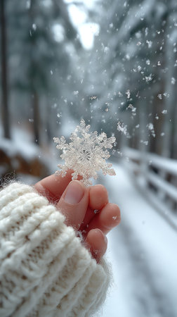 A hand in a white sweater holds a delicate snowflake in focus against a blurred backdrop. The image features a snowy forest with soft lighting and a shallow depth of field. This visual could be used in various commercial or editorial projects needing winter or natural environment themes.の素材