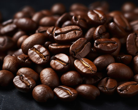A close-up captures a pile of roasted coffee beans. The image showcases the beans' rich brown hues and textured surfaces. Composition highlights the beans' arrangement. This image could be used for various commercial purposes, including food-related marketing and editorial content. The lighting is natural and even.の素材