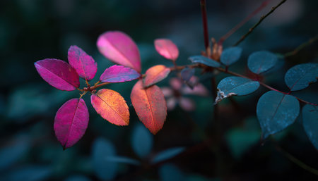 This image showcases colorful leaves with a shallow depth of field, highlighting the textures and hues of pink, orange, and blue. The composition focuses on a branch against a blurred background, suggesting an outdoor setting with diffused lighting. It is suitable for various commercial uses, including artistic designs.の素材
