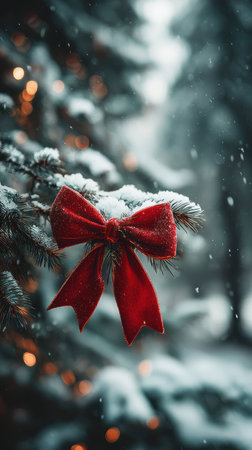 A vibrant red ribbon adorns a snow-laden pine branch, creating a festive winter image. The close-up showcases textured snow and blurred background bokeh lights. This photograph presents potential use for holiday-themed publications or commercial designs, emphasizing winter and seasonal concepts.の素材