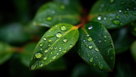 This image showcases detailed green leaves adorned with multiple water droplets. The composition features a shallow depth of field, emphasizing the texture and intricate details. The natural lighting highlights the refreshing qualities, suggesting an outdoor or garden environment. Suitable for various editorial and commercial applications.の素材