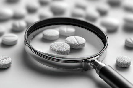 A close-up shot presents white pills scattered on a bright surface with a magnifying glass. The image utilizes soft lighting, creating a clean and clinical feel. The pills are the central focus. This could be useful for pharmaceutical, medical, or research-related articles.の素材