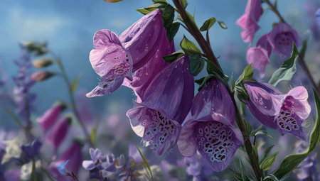 This image showcases a close-up view of foxglove flowers in various stages of bloom, with a soft-focus background. The flowers display a spectrum of purple hues, with detailed textures and patterns. The overall style suggests an outdoor setting, possibly a garden. Suitable for diverse applications, including print and digital content.の素材