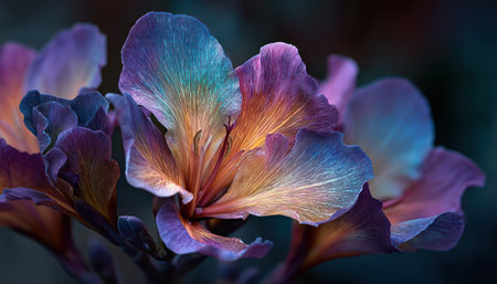 This image showcases a close-up view of a flower with petals in striking purple, orange, and blue hues. The soft lighting and blurred background create a dreamlike atmosphere. It exhibits a delicate texture and unique color gradients. This photo could be used for various commercial or editorial purposes.の素材