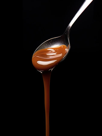 A close-up captures a spoon dispensing a viscous, brown liquid. The substance cascades downwards, forming a dynamic vertical line. The composition features a neutral black backdrop highlighting the color and texture of the liquid. Ideal for culinary visuals or designs needing isolated food elements, it is suitable for various commercial applications.の素材