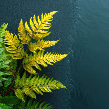 This image showcases a detailed view of yellow and green fern fronds against a contrasting dark blue backdrop. The composition highlights the textures and colors, with sharp details in natural lighting. It could be used for various projects including decorative designs, environmental themes, or botanical illustrations.の素材