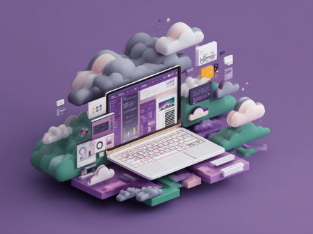 This image depicts a laptop surrounded by stylized cloud elements and graphic interface components. The composition features a vibrant color palette with purple and green hues, and soft lighting. This digitally rendered scene could be suitable for illustrating technology, data storage, or cloud-based concepts in commercial or editorial projects.の素材