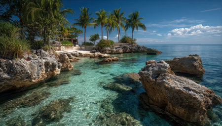 A scenic coastal view showcasing clear turquoise water, rocky formations, and lush palm trees under a bright blue sky. The composition features natural elements with varying textures, from the smooth water surface to the rough rocks. Ideal for travel, tourism, or environmental themes, this image could be used for various commercial and editorial purposes.の素材