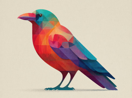 This image presents a stylized representation of a bird, rendered using geometric shapes. The artwork showcases a vibrant palette of colors. The clean lines and polygonal design suggest a digital art style. This image could be suitable for various creative projects, including editorial design and commercial applications.の素材