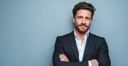 A man in a dark suit and white shirt is presented against a plain blue backdrop. The image features natural lighting and a head and shoulders composition. The subject exhibits a composed expression. Suitable for commercial applications, including marketing, advertising, and editorial content.の素材