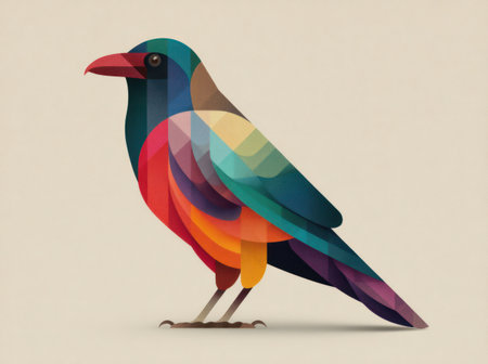 A vibrant bird illustration showcases a blend of colors and geometric shapes. The artwork features a bird with a gradient of rainbow hues against a simple, light-colored background. This graphic may be suitable for various design projects, including print materials, digital graphics, and website elements. It provides a visual appeal and can enhance marketing or editorial content.の素材
