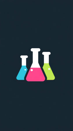 Three stylized beakers filled with vibrant colors form the central element of the illustration. The composition showcases a flat design with solid colors against a dark backdrop. The visual style suggests a clean and modern aesthetic, suitable for use in educational resources or scientific presentations, and promotional materials.の素材