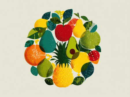 This vibrant illustration depicts a circular arrangement of diverse fruits. The artwork showcases a variety of colors and textures, with a flat, graphic style. The composition suggests a clean, stylized environment, possibly for commercial applications like advertising or editorial design. The image aims to convey freshness and healthy eating.の素材