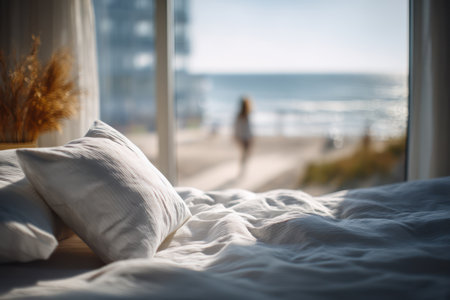 An inviting bed with white linens and pillows dominates the foreground, bathed in soft sunlight. Through a large window, the ocean and a blurred figure create a sense of serenity. The composition suggests relaxation and comfort, suitable for various editorial and commercial projects.の素材